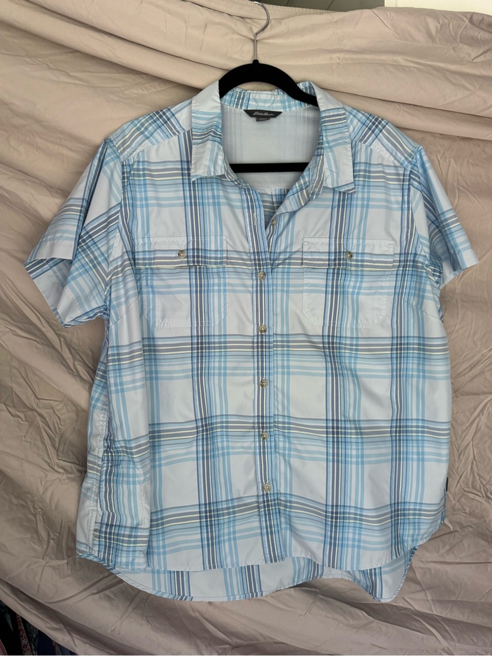 Eddie Bauer Light Blue and White Plaid Short-Sleeve Button Down Shirt
